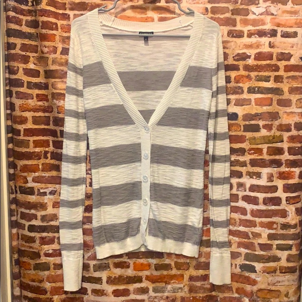 Express grey and white striped button up deep V